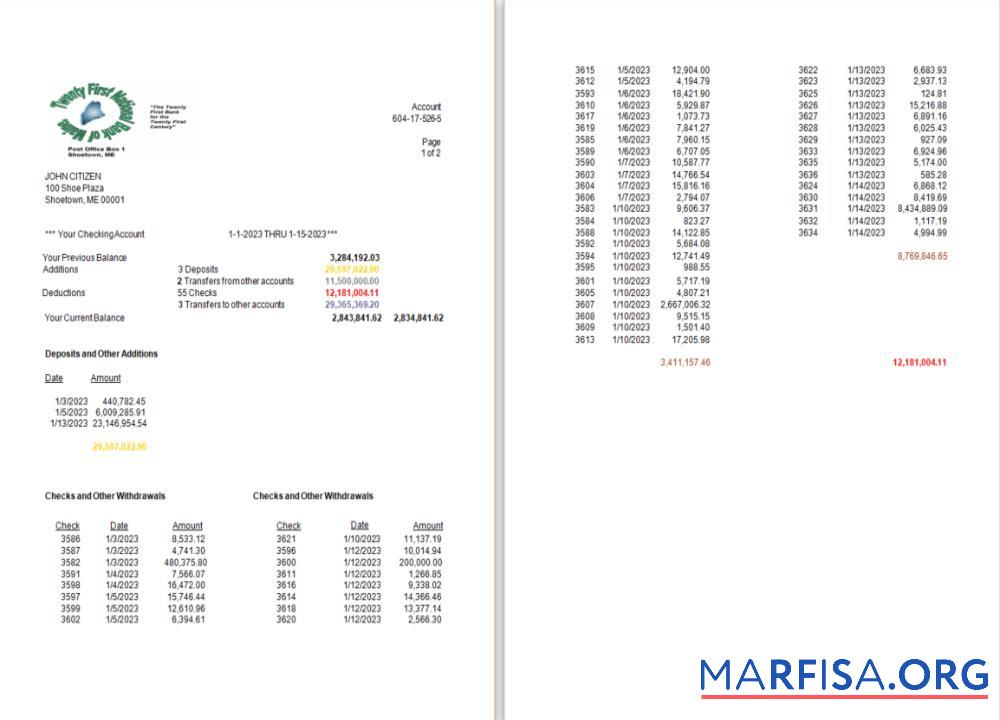 Printable USA Twenty First National Bank of Maine bank statement word 2 pages template